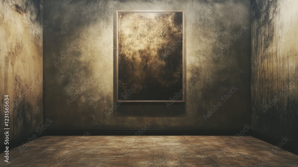 Poster an empty frame on a textured wall in a dimly lit art gallery, creating a mysterious and artistic amb