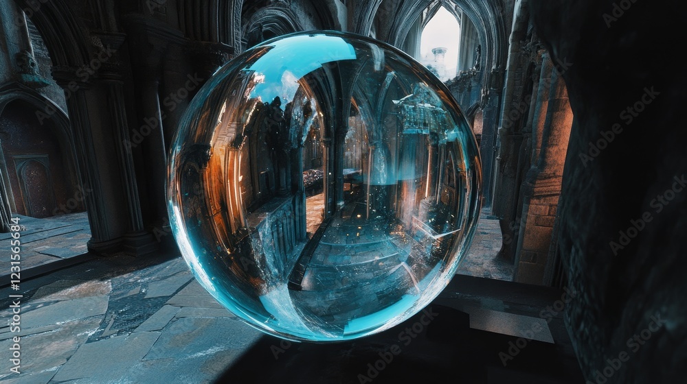 Poster explore a mystical sphere in a captivating gothic architecture setting