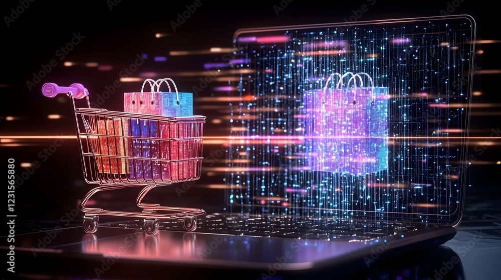 Poster Futuristic Digital Shopping Experience with Cyber Themed Neon Lit Cart on Glowing Laptop Keyboard Interface  Advanced ecommerce platform with high tech holographic grids and modern UIUX design