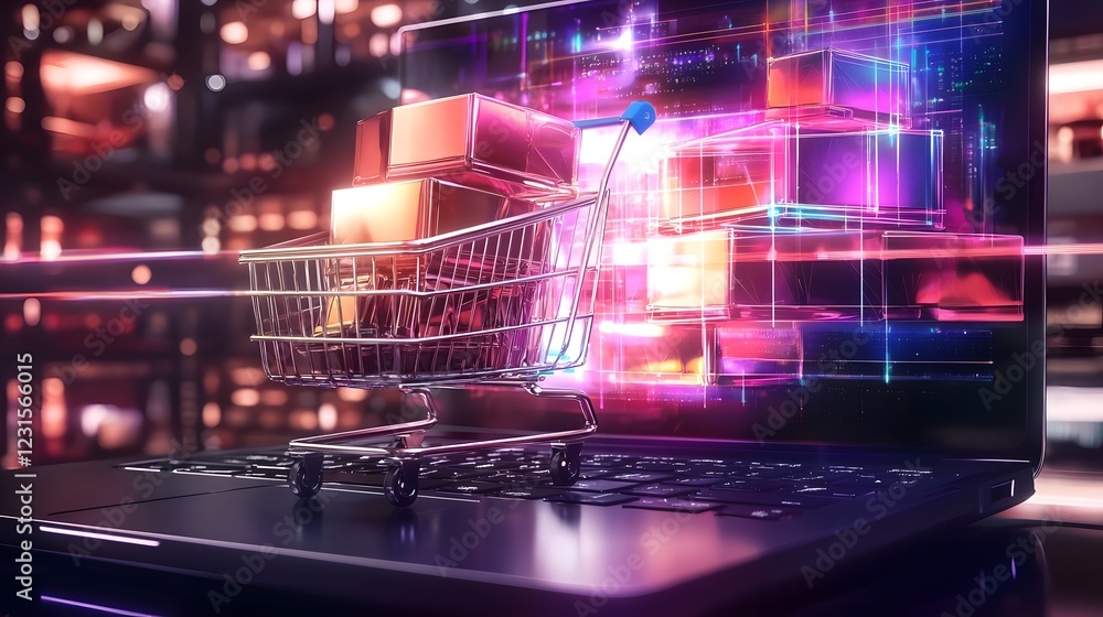 Poster futuristic virtual reality shopping cart packed with neon colored retail items hovering above a lapt
