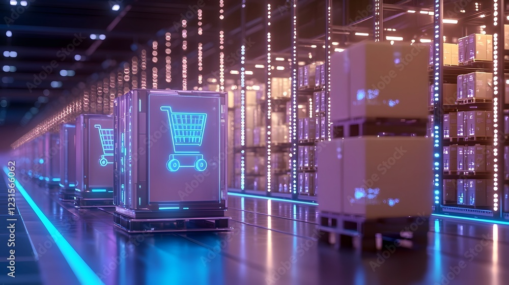 Poster futuristic automated retail warehouse filled with robotic arms and conveyor belts transporting packa
