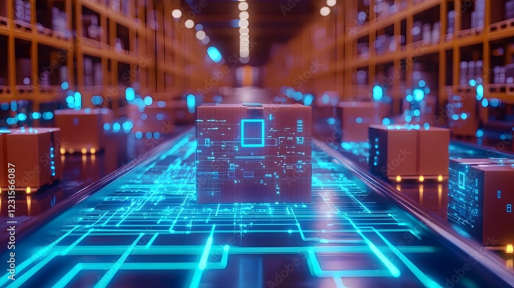 Poster Futuristic Technology Driven Retail Warehouse with Automated Robotic Arms and Conveyor Belts for Advanced Logistics and Distribution System Illuminated by Neon Blue Lights on Solid Background