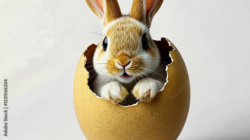 Poster rabbit is peeking out of an egg. the rabbit is looking at the camera and he is curious about what is