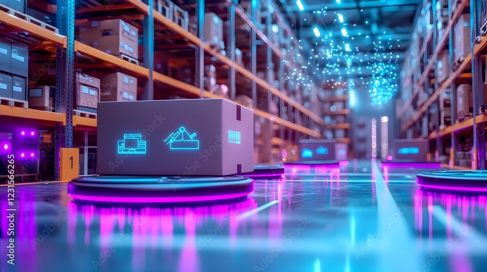 Poster This image depicts a futuristic cybernetic logistics and distribution hub featuring autonomous delivery robots  intelligent sorting systems  and holographic supply chain analytics in an ultra modern
