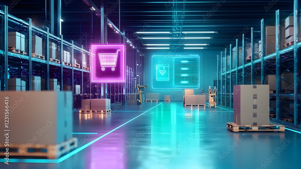 Aufkleber Futuristic smart warehouse interior featuring AI driven automated robotic package handling systems holographic logistics network and digital tracking within a glowing neon grid environment