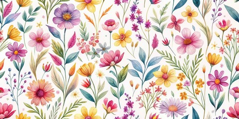 Fototapeta premium Vibrant Watercolor Floral Design Featuring a Bountiful Array of Blossoms and Greenery