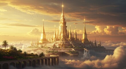 Obraz premium Majestic castle rising above clouds at sunset with vibrant sky