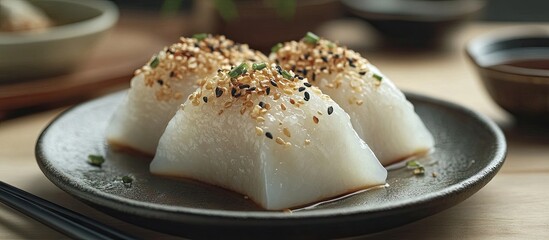 Delicate translucent rice cakes garnished with sesame seeds and herbs presented on a dark plate with a dip on a wooden table background.
