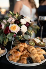 Naklejka premium Breakfast Buffet: A spread of croissants, scrambled eggs, fruit platters, and coffee urns. Catering. Hotel. Morning.