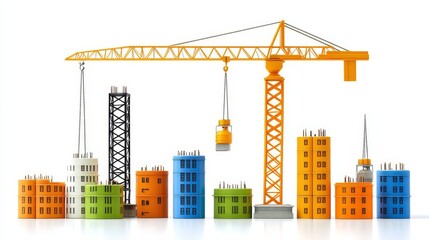 Obraz premium Construction Crane Building Colorful Cityscape of Modern Buildings