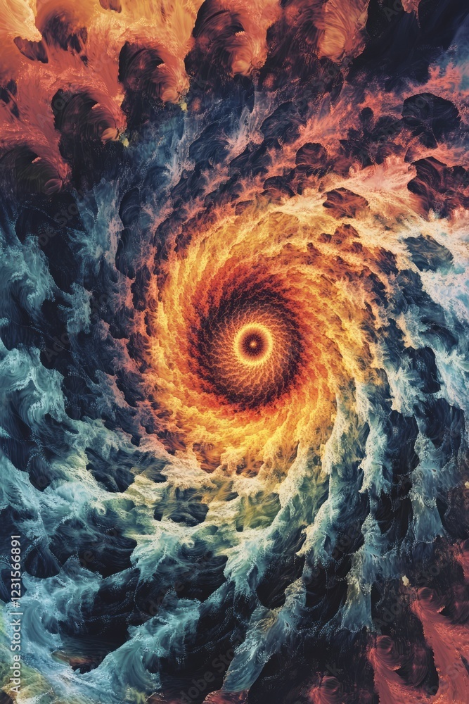 Poster a colorful spiral with a yellow center. the spiral is made up of many different colors. the spiral i