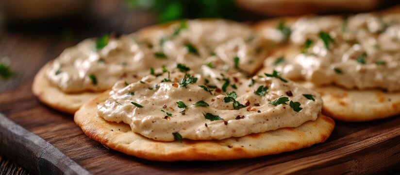 Mouthwatering Brazilian flatbread garnished with creamy requeijao on a wooden board with fresh herbs, highlighting rich culinary traditions.