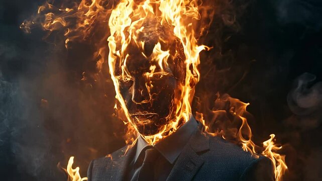 Fiery Figure in Dark Suit Engulfed by Intense Flames
