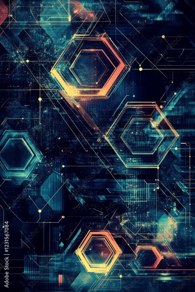 Poster colorful image of hexagons and squares with a blue background. the image is abstract and has a futur