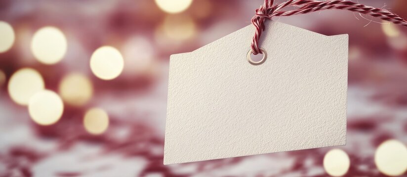 Blank gift tag with empty space for personalization hanging by twine against a soft bokeh background of warm lights; ideal for celebrations.