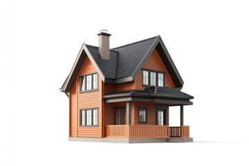 Small wooden house with porch and a porch swing overlooking a serene lake surrounded by tall trees and mountains.