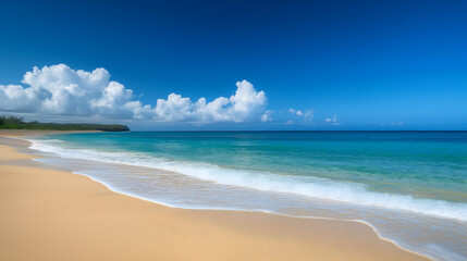 Obraz premium Tropical Paradise Crystal-Clear Waters and Golden Sand Under a Bright Blue Sky
