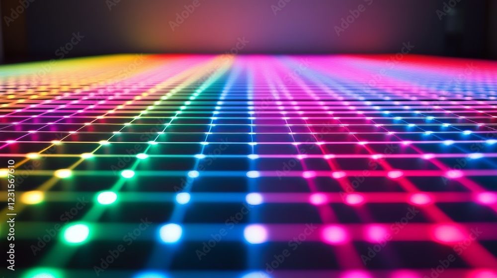 Poster a close-up view of a colorful led light grid with glowing squares, showcasing a vibrant and futurist