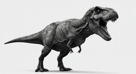 Fototapeta premium Realistic black and white depiction of a roaring dinosaur on white background