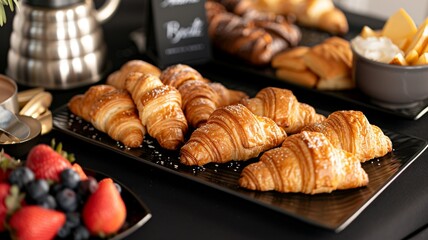 Breakfast Buffet: A spread of croissants, scrambled eggs, fruit platters, and coffee urns. Catering. Hotel. Morning.