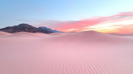 Pink desert sunrise, scenic landscape, mountains background, travel postcard