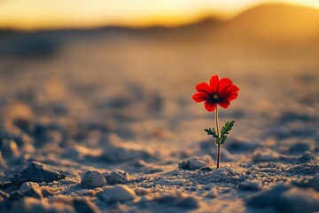 A small red flower is growing in the sand. The flower is the only thing visible in the image, and it is surrounded by rocks. The image has a peaceful and serene mood