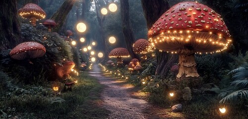 Naklejka premium A mystical forest path lined with enchanted mushrooms and floating lights guiding the way to spiritual awakening