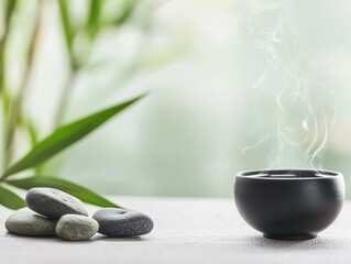 Soothing hot stones in a black bowl, tranquil still life of relaxation and wellness