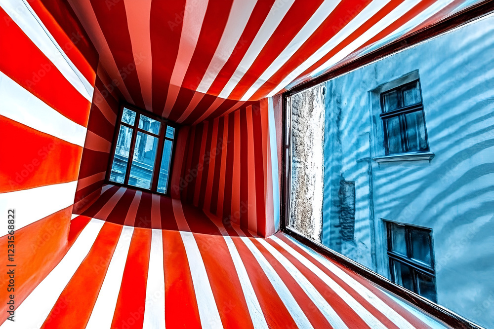 Poster red and white stripes perspective: a captivating view from a window with bold red and white stripes 