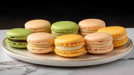 Obraz premium Delectable assortment of colorful macarons displayed artfully on a pristine white plate