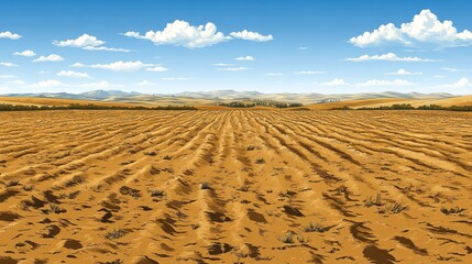Naklejka premium Expansive arid farmland under a partly cloudy sky, showing rows of tilled soil