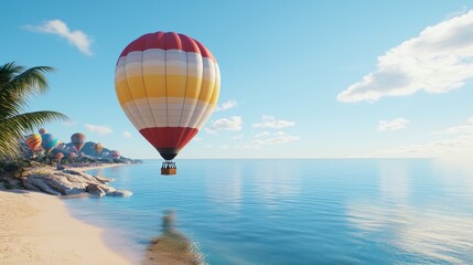 Fototapeta premium Red Yellow White Hot Air Balloon Over Tropical Beach