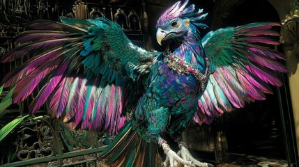 Obraz premium A vibrant, bioluminescent phoenix sculpture with outstretched wings, crafted from intricate, multifaceted components