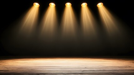 Five spotlights shine down onto a rustic wooden floor against a dark background.