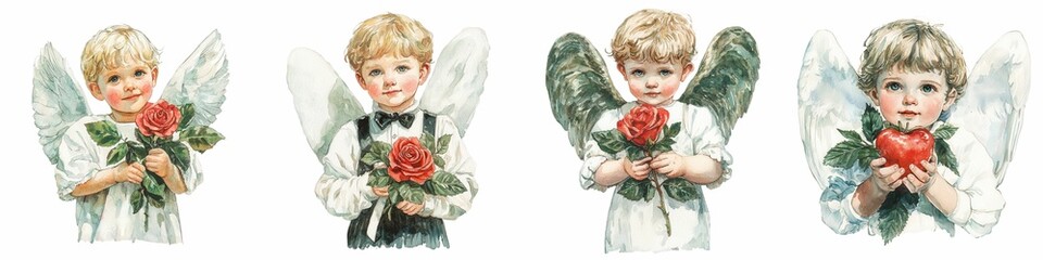 Fototapeta premium Four charming angelic children with wings, each holding a red rose, evoke a sense of innocence and joy.
