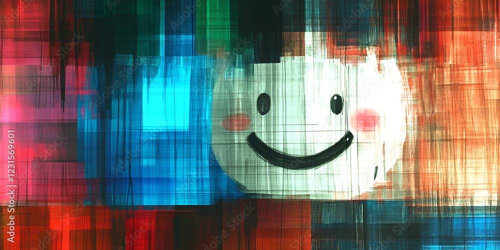 Poster digital happiness: a vibrant and abstract digital art piece featuring a simple smiling face emerging
