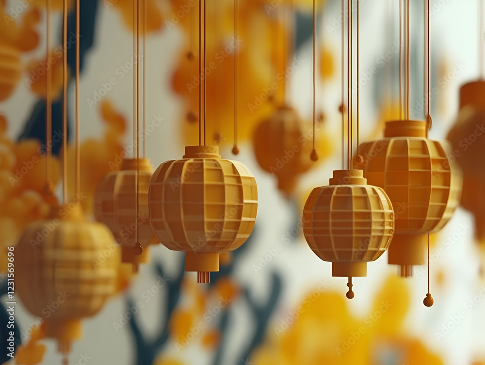 Poster amber lanterns: a delicate cluster of amber-hued paper lanterns hangs gracefully, casting a warm, in