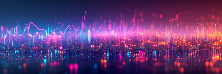 Financial Market Display, Upward Trending Line Chart, City Lights Background, Data Visualization
