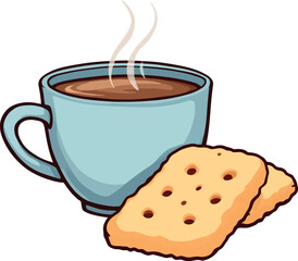 Steaming cup of coffee with cookies on white background