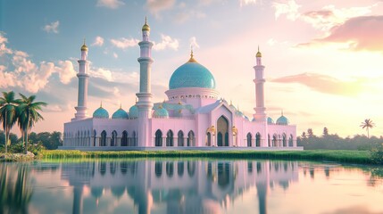 Naklejka premium A mosque with domes minarets against an enchanting sunset sky