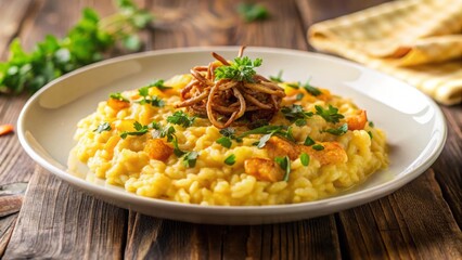 Creamy Risotto Garnished with Crispy Noodles and Fresh Herbs