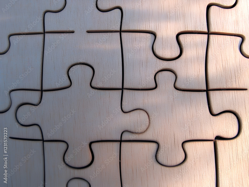 Poster unfinished puzzle: a close-up view of a wooden jigsaw puzzle with several pieces missing, hinting at