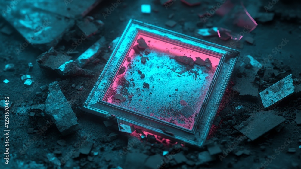 Poster a square frame is on the ground with a blue and red color. the frame is broken and has a lot of debr