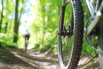 Mountain biker on forest trail, close-up wheel
