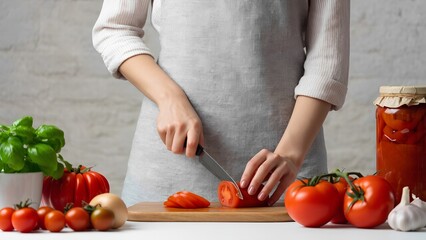 Chopping fresh tomatoes for homemade sauce kitchen cooking tutorial bright close-up culinary arts