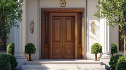Brown wooden front door of white house with plants
