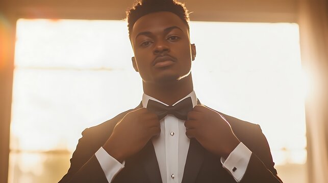 A groom adjusting his bow tie in a brightly lit studio setting