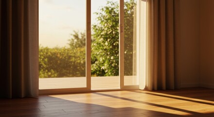 Fototapeta premium Warm sunlight streaming through curtains into a cozy room with greenery