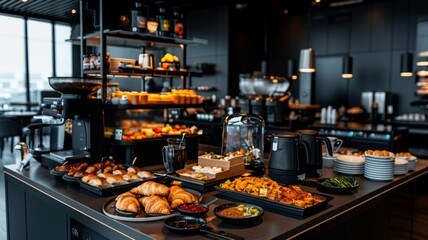 Breakfast Buffet: A spread of croissants, scrambled eggs, fruit platters, and coffee urns. Catering. Hotel. Morning.