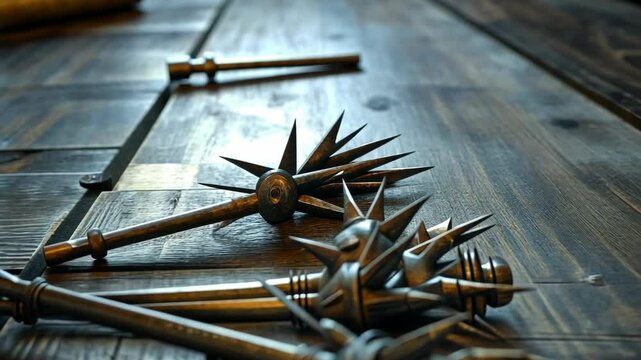 Exploring unique medieval weaponry featuring ornate spiked mace designs on a rustic wooden surface